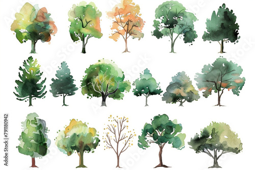 trees set watercolor illustration, hand drawn for architecture or decorative vector icon, white background, black colour icon