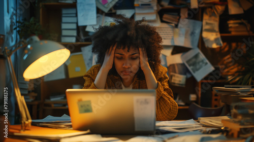 Overwhelmed by Overtime, Black Woman Shows Burnout with Frizzy Hair and Sadness