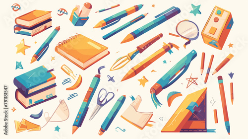 Collection of school stationery items hand drawn on