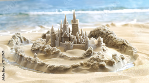 Grand sandcastle surrounded by a moat on a sunny beach photo