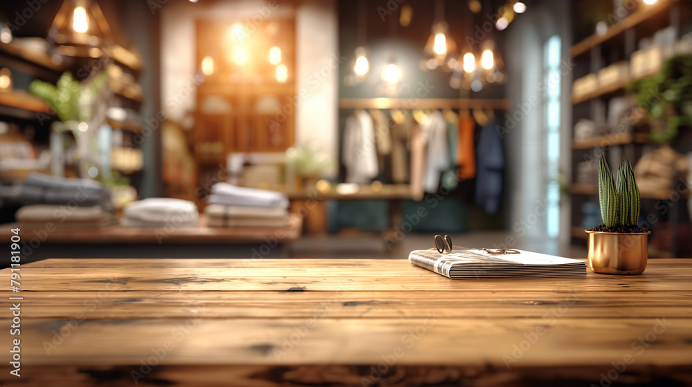 Distro Retro Clothing Store: Empty Table for Product Showcase with Bokeh Background Distro Retro Clothing Store: Empty Table for Product Showcase with Bokeh Background