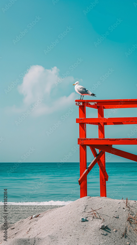 Seagull perched on a vivid red lifeguard chair against a clear sky on a sandy beach Seagull perched on a vivid red lifeguard chair against a clear sky on a sandy beach