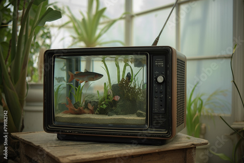 A vintage retropunk-style aquarium crafted from an old TV photo