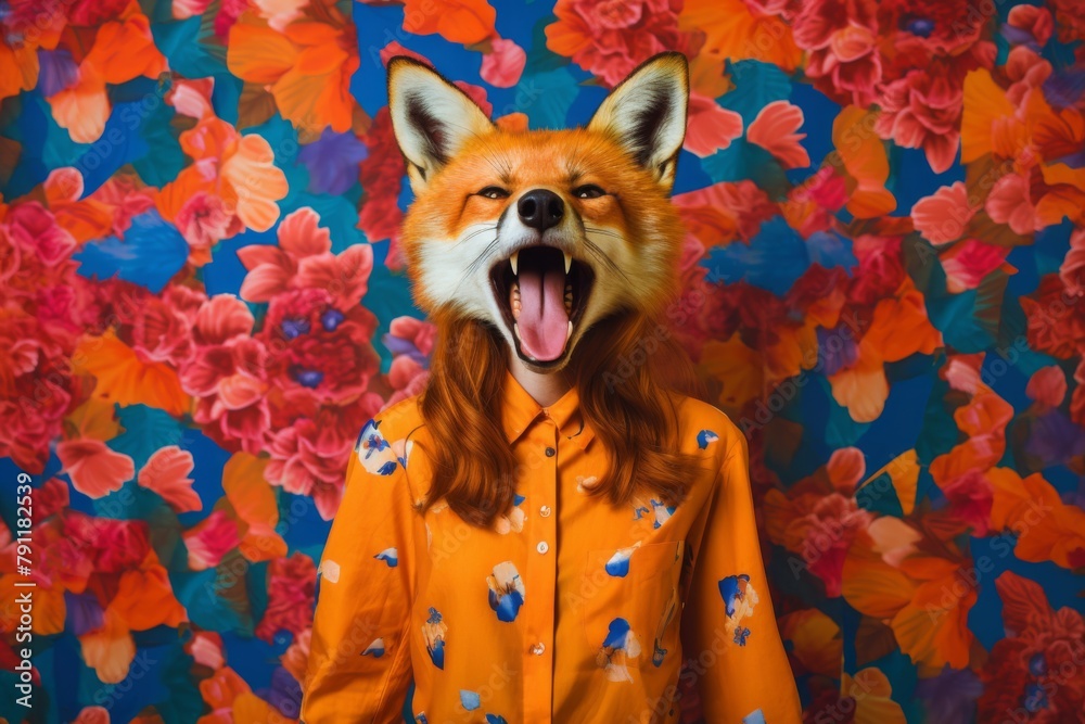 Fototapeta premium a fox with her mouth open in an orange shirt, being super fashioned