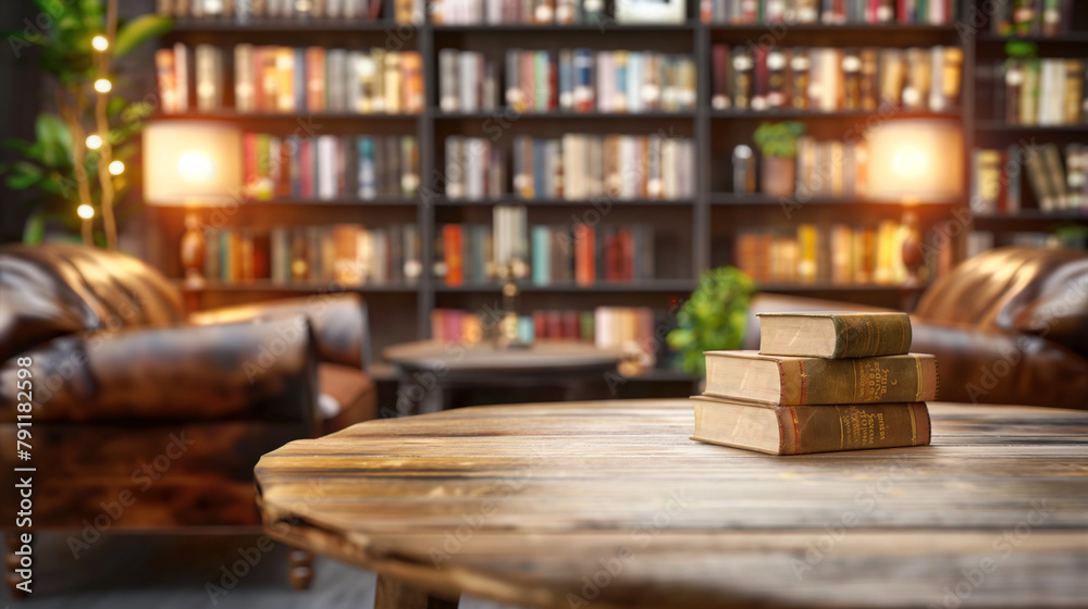Library Atmosphere: Table with Books Enhanced by Abstract Background of Overflowing Bookshelves