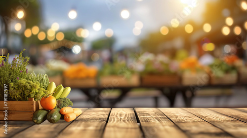 Local Market Vibes, Empty Table for Product Placement with Vegetable and Fruit Store Background