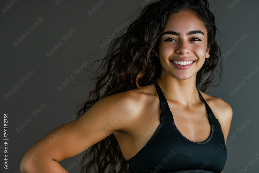 A woman with long hair is smiling and wearing a black tank top A woman with long hair is smiling and wearing a black tank top
