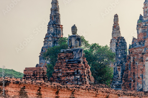 background of important religious tourist attractions in Ayutthaya Province of Thailand,Wat Yai Chai Mongkol,has an old Buddha image from the Krungsri period,allowing tourists from all over the world photo