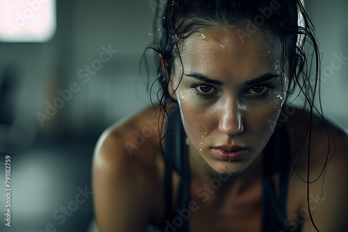 A woman with sweat on her face and hair is looking at the camera