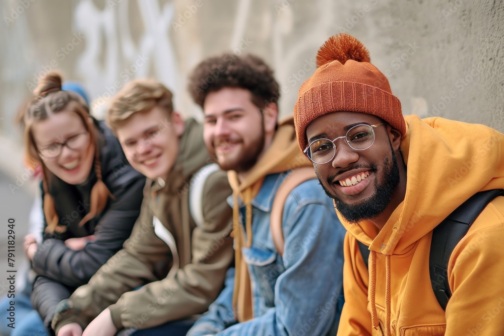 Portrait of a group of smiling students sitting on the street.