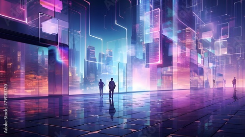 Digital composite of People walking in corridor with illuminated cityscape. global business and technology concept © Iman