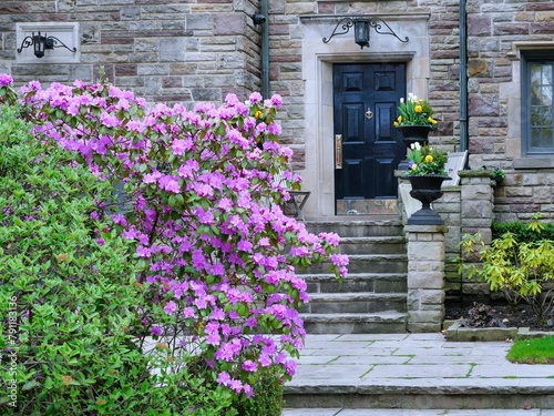 Old stone house with spring flowers