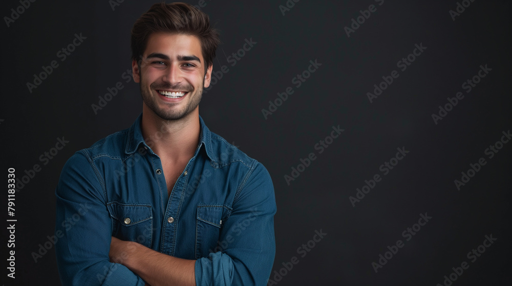 Dynamic Leadership: Happy Young Male Boss in Blue Shirt Displays Confidence Against Striking Black Background Dynamic Leadership: Happy Young Male Boss in Blue Shirt Displays Confidence Against Striking Black Background