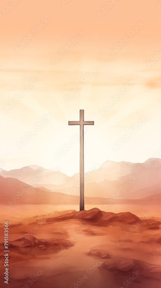 Cross atop mountain pierces through clouds, Vast desert landscape, symbolizing intersection of religion, faith, and nature, reminding onlookers of spiritual presence of Jesus Christ in the sky.