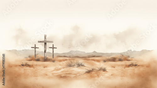 Three cross atop mountain pierces through clouds, Vast desert landscape, symbolizing intersection of religion, faith, and nature, reminding onlookers of spiritual presence of Jesus Christ in the sky. photo