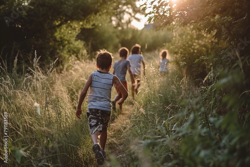 Group of children running in the field at sunset. Selective focus. © Asier