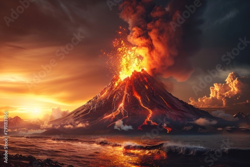 Volcanic eruption volcano erupting with smoke ashes old mountain peak sky covered with fumes natural disaster catastrophe exploding explosion national park lava © Yuliia