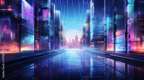 3d illustration of futuristic city at night with neon lights and reflections