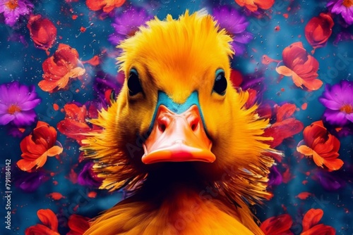 a duck with hair like a flower trying to get attention  in the style of pop art explosion