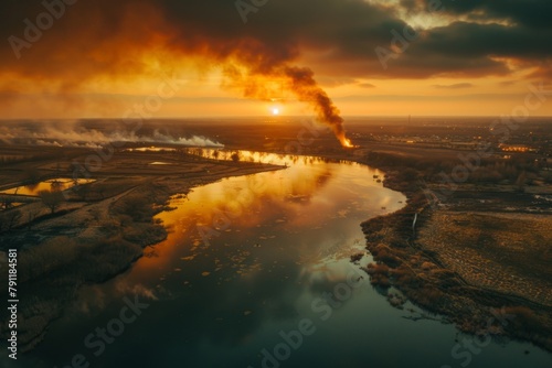 Wildforest fire burning forest trees eecological disaster smoke aerial view from helicopter danger death animals damage hazard blaze pollution tragedy photo