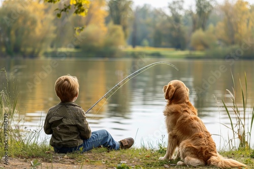 A child sits patiently by a lake with a fishing rod while their dog excitedly wags its tail nearby.