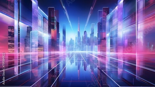 Futuristic night city panorama with neon lights. Panoramic illustration © Iman