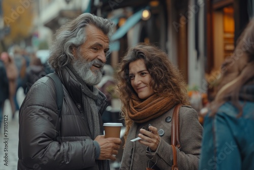 Portrait of happy senior couple drinking coffee and talking on the street.