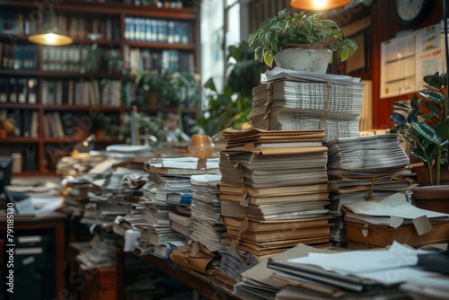 Piles of paper office filled with paperwork full archive file documents stack of folders information outdated old technology digitalization reports unorganized history messy research collection