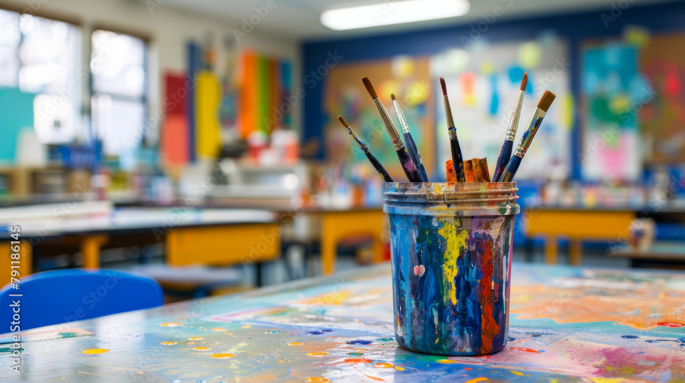 A blurred art classroom, splashes of color barely distinguishable, hinting at creativity and chaos A blurred art classroom, splashes of color barely distinguishable, hinting at creativity and chaos
