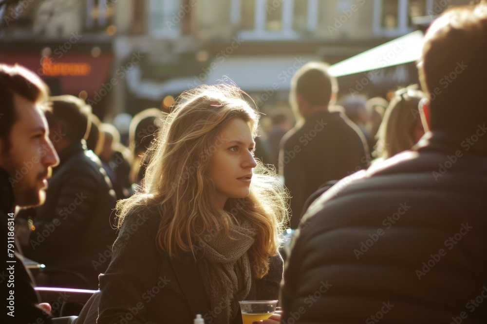 Young woman in a cafe on the street in Paris, France.