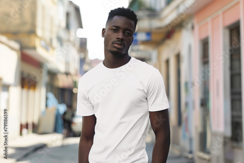 African American man wearing an empty white T-shirt standing on a street mockup, background street