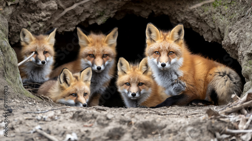 A family of foxes peering out from a den entrance.