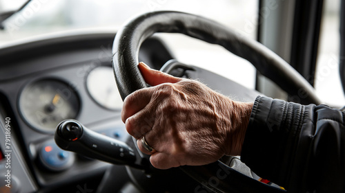 Close-up of a senior's hand on a vehicle steering wheel, dashboard in background.