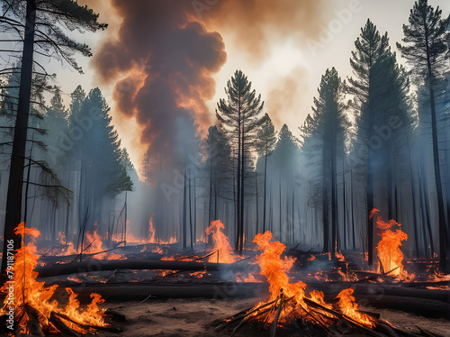 intensely burning forests with spreading flames and thick smoke, reflecting frequent forest fires caused by rising temperatures.  climate crisis, impact of global warming photo