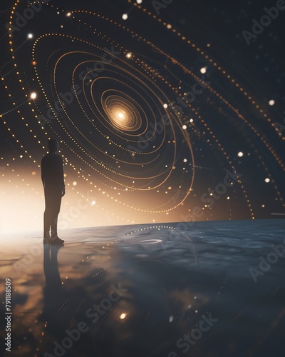 Concept of gravitation visualized, celestial bodies, forces illustrated, educational focus,