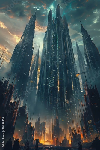 Dark fantasy painting of tall buildings, ominous sky, towering structures, moody tones,  photo