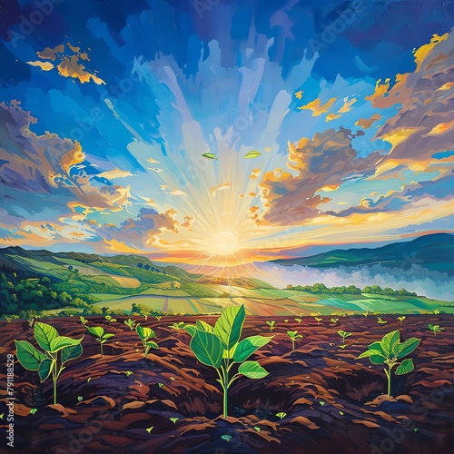 Day of Growth A time-lapse style painting showing the sunrise to sunset over a sprouting seed in fertile land 