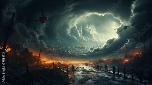 Apocalyptic dramatic background, giant tsunami waves, dark stormy sky, Tornado. Huge waves Tsunami Big waves, Ai generated
