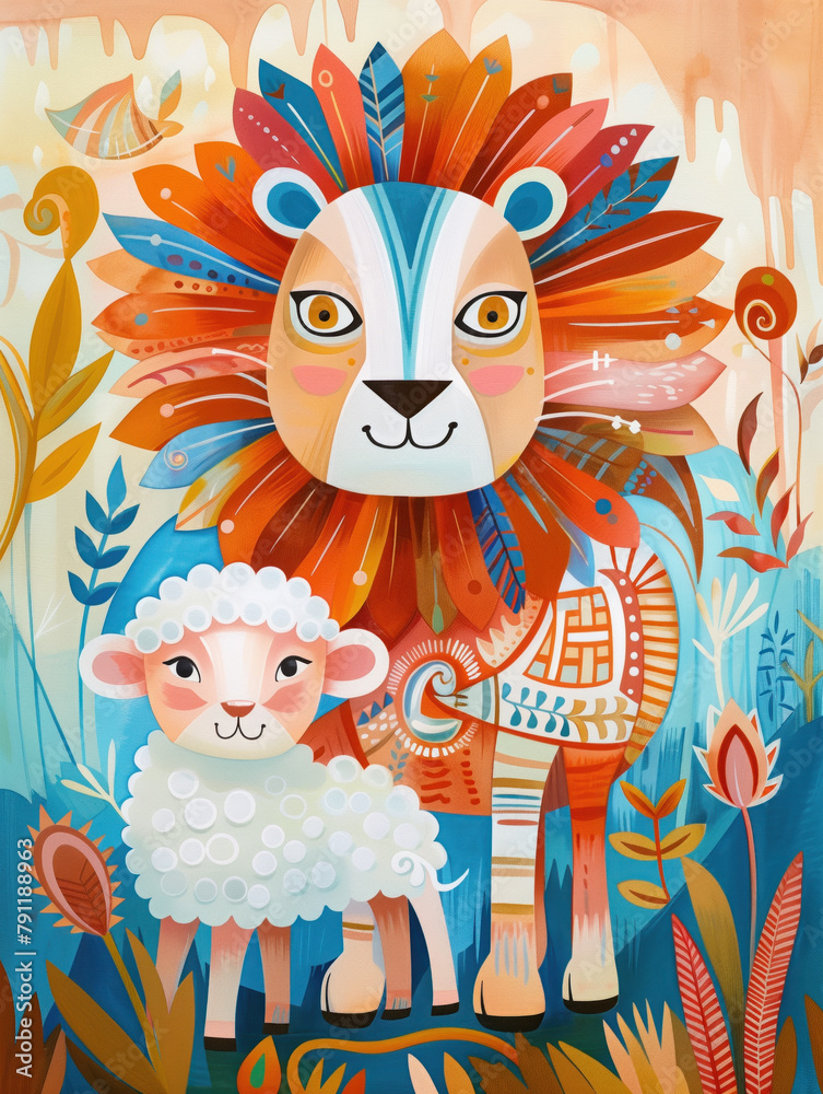 A lion and a sheep are standing next to each other children style cartoon illustration. Religious christian symbols. A lion and a sheep are standing next to each other children style cartoon illustration. Religious christian symbols.
