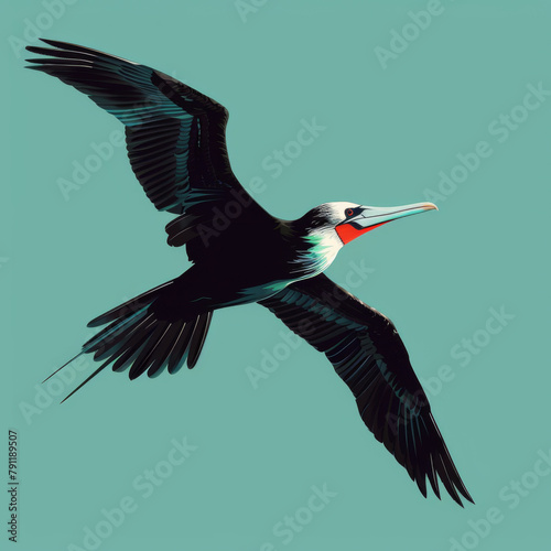 Illustration of a majestic frigatebird soaring with outstretched wings, showcasing its striking black plumage.