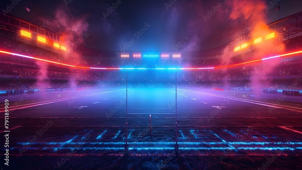 Surreal Football Stadium Scene with Smoke and Neon Lights. Concept Surreal, Football Stadium, Smoke, Neon Lights, Scene