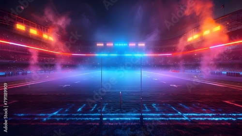 Surreal Football Stadium Scene with Smoke and Neon Lights. Concept Surreal, Football Stadium, Smoke, Neon Lights, Scene