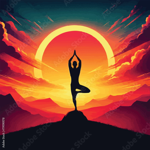 Free vector free vector Silhouette of a man in a yoga pose under a sunset sky