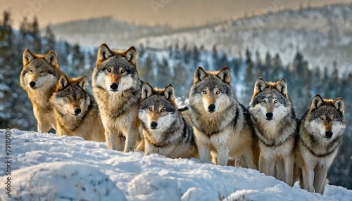 A pack of wolves  Canis lupus  gathered on a snow covered hill