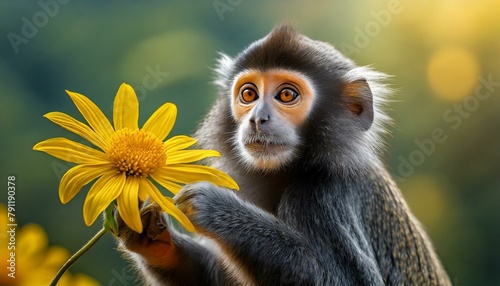 A silver leaf or silvery Lutung monkey, Trachypithecus cristatus, reaching out for a yellow flower  photo