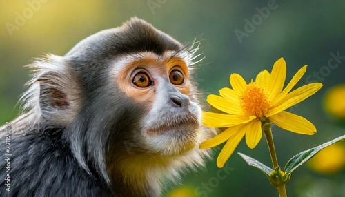 A silver leaf or silvery Lutung monkey, Trachypithecus cristatus, reaching out for a yellow flower  photo