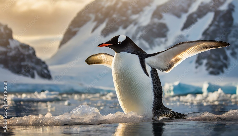 Naklejka premium An Adelie penguin stretches its wings in Antarctica