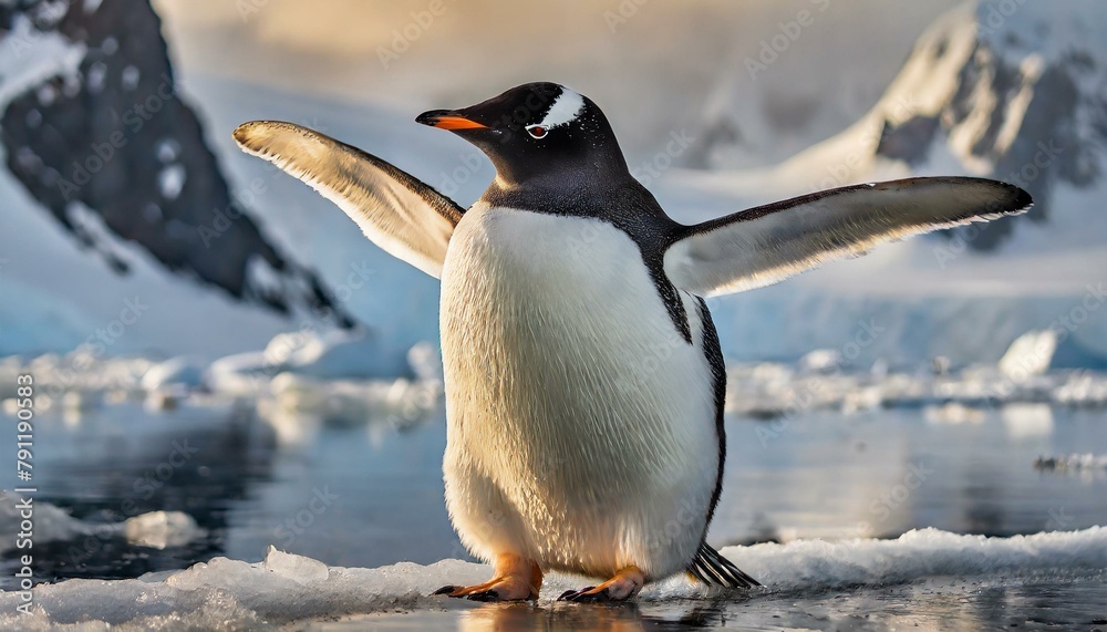 Fototapeta premium An Adelie penguin stretches its wings in Antarctica