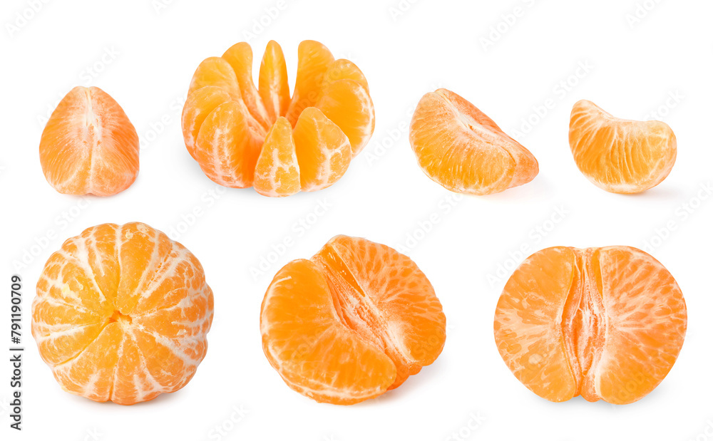 Juicy ripe tangerines isolated on white, set Juicy ripe tangerines isolated on white, set