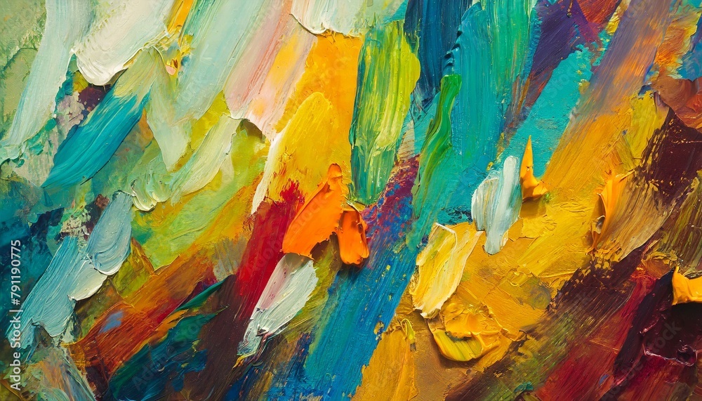 Closeup of abstract rough colourful colours painting texture, with oil brushstroke, pallet knife paint on canvas - Art background illustration. Art concept
